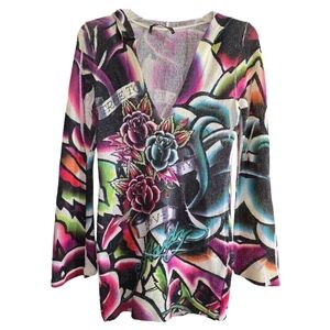 Ed Hardy Y2K Love Kills Tattoo Knit Long Sleeve Sweater Lightweight Hoodie Large